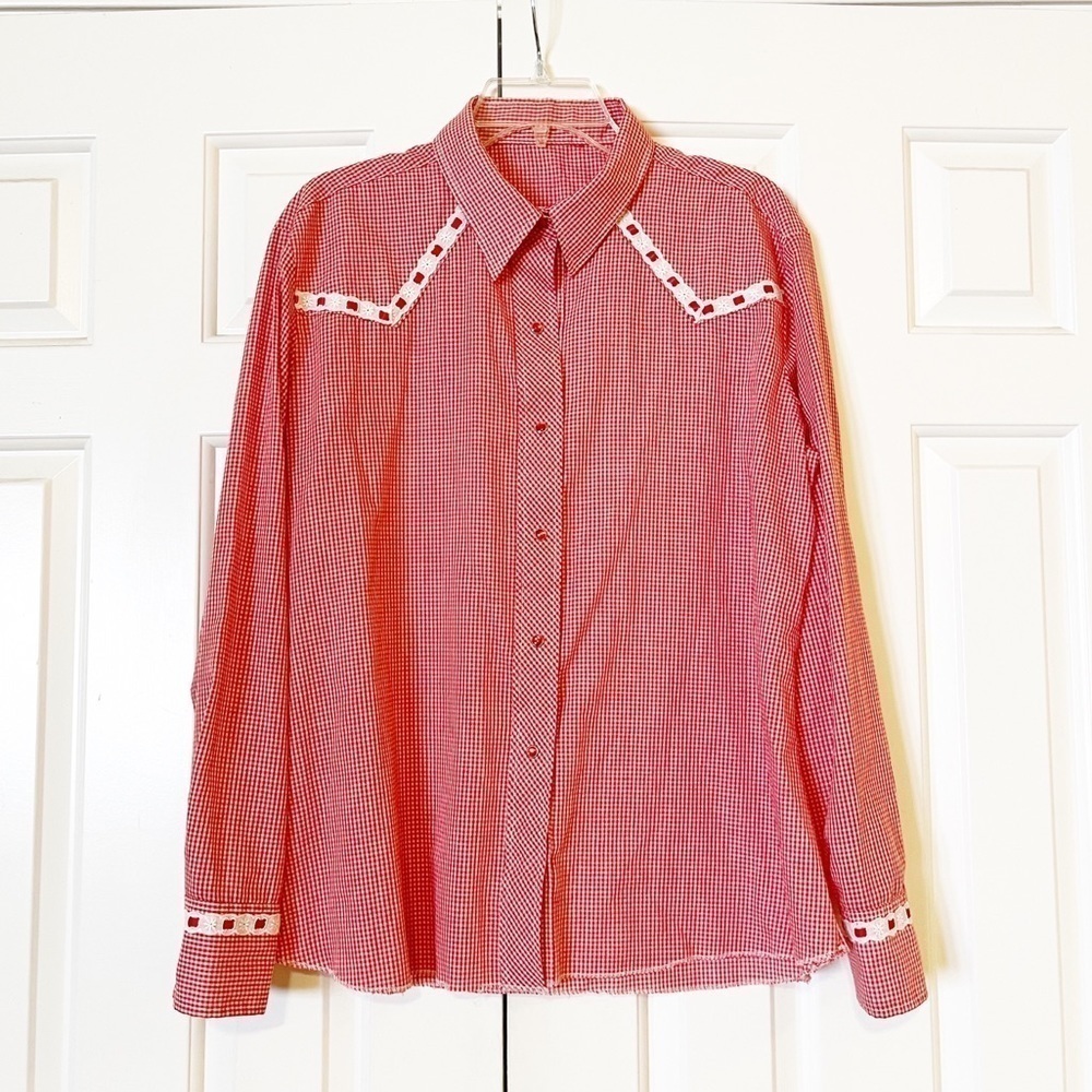 Vintage western checked button front shirt w pearl snap buttons lace ribbon trim